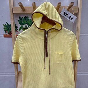 Yellow Ribbed Knit Hoodie Half Zip Short Sleeve Top